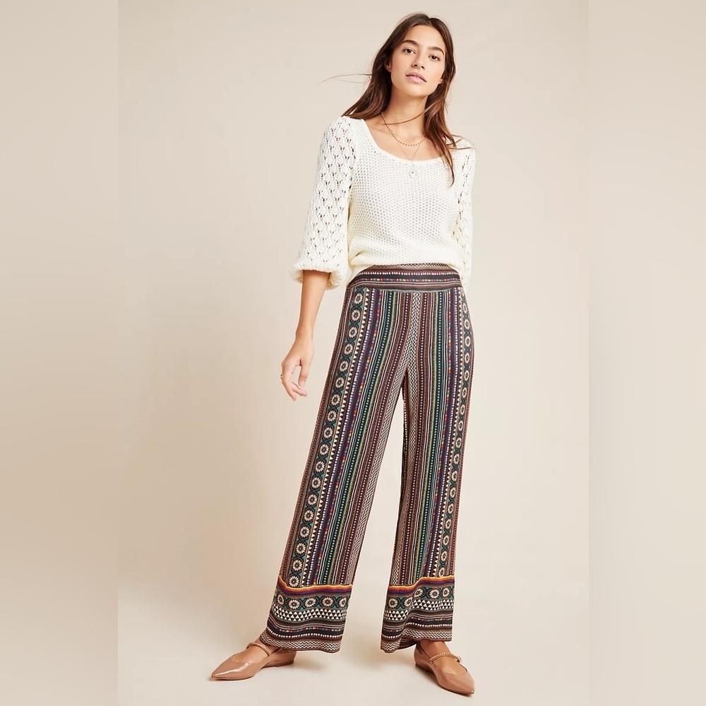 Farm Rio for Anthropologie Satin Wide-Leg Pants Size Small Boho Bohemian